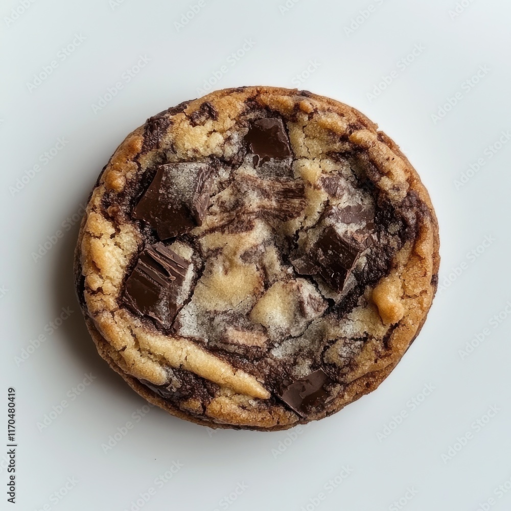 Poster Crispy chocolate chip cookie resting on a white plate ready to be enjoyed at a cozy kitchen setting