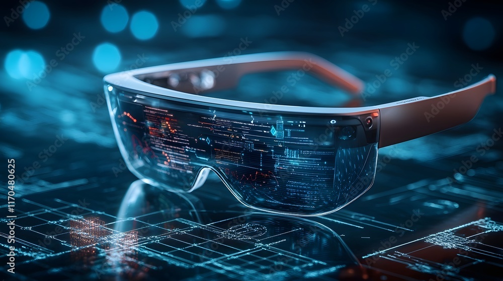 Poster futuristic holographic display of smart glasses showcasing quantum computing and advanced capabiliti
