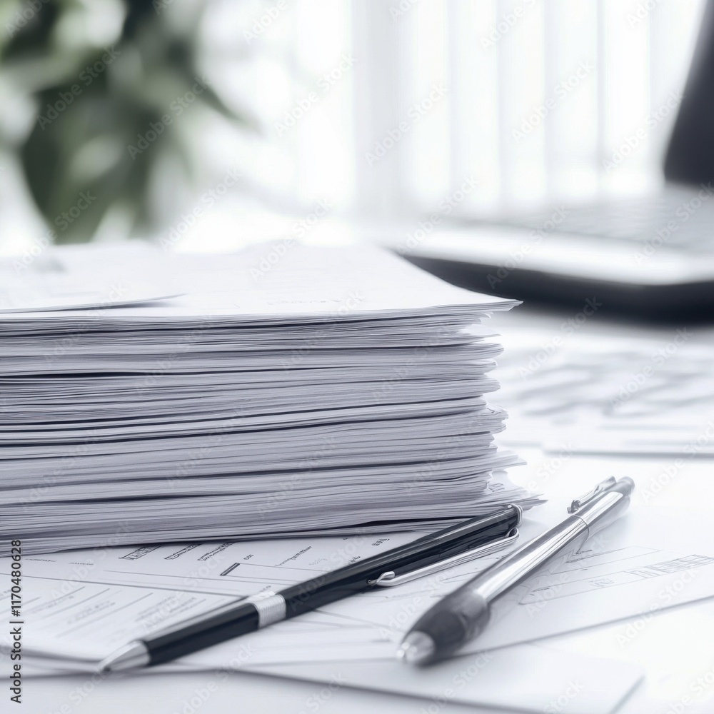 Poster Financial reports stacked on a desk with pens in an office setting during a working day