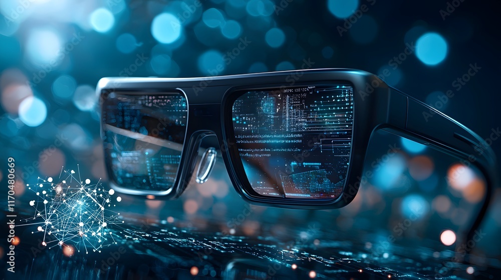 Poster futuristic holographic display of smart glasses with quantum computing capabilities showcasing real 