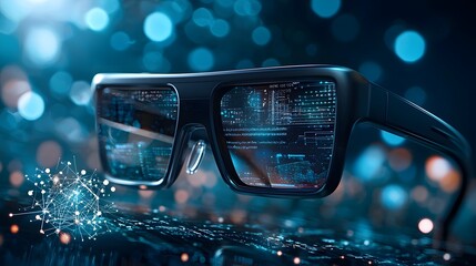 Futuristic holographic display of smart glasses with quantum computing capabilities showcasing real time data visualization and advanced AI powered features