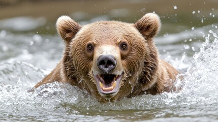 Fototapeta premium Swimming bear in river wildlife action nature scene natural habitat close-up view powerful animal behavior