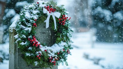 Snow-covered grave with an evergreen wreath symbolizes eternal life and remembrance.