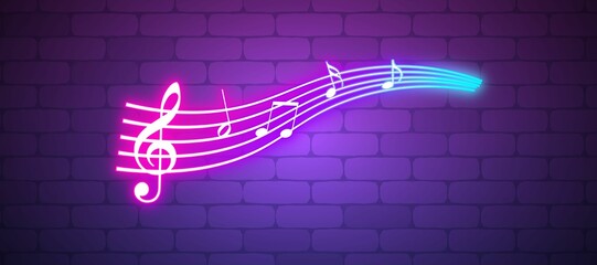 Music notes neon purple bright on brick wall. classical music, sound design. Night bright neon sign, colorful billboard, light banner, purple