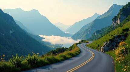 Naklejka premium Scenic Winding Road Through Majestic Mountain Valley with Morning Mist