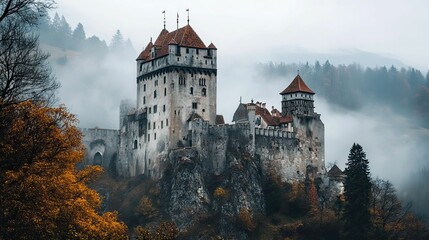Obraz premium Misty mountaintop castle, autumn trees.