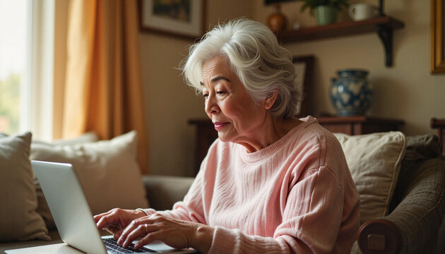 Elderly Asian woman reviewing privacy settings in cozy living room, online safety
