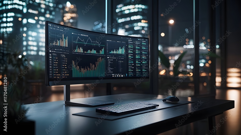 Poster futuristic quantum computing powered workstation displaying interactive holographic data analysis ch