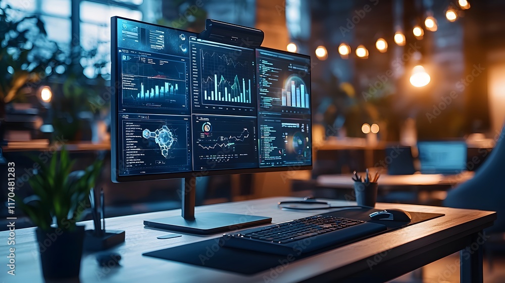 Poster a cutting edge futuristic workstation powered by quantum computing showcasing holographic data analy