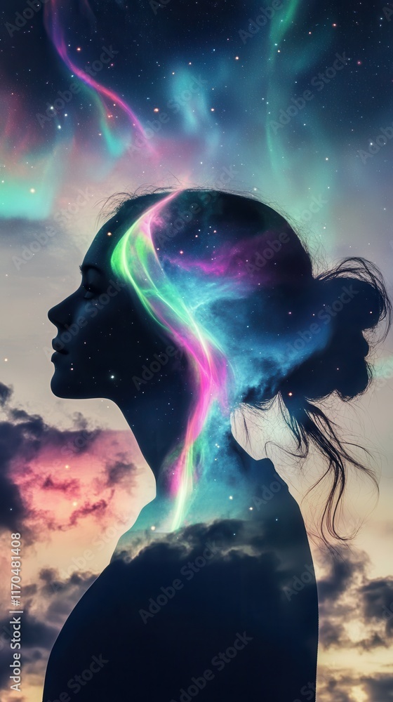 Poster serene portrait of a woman surrounded by colorful aurora and clouds during twilight