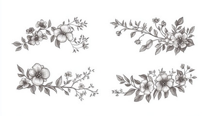 Line border and floral divider vector set with flower ornaments. Floral patterns of branch and vine garlands with leaves, flourishes and buds, herb blossom, blooming plants, frame and vignette design