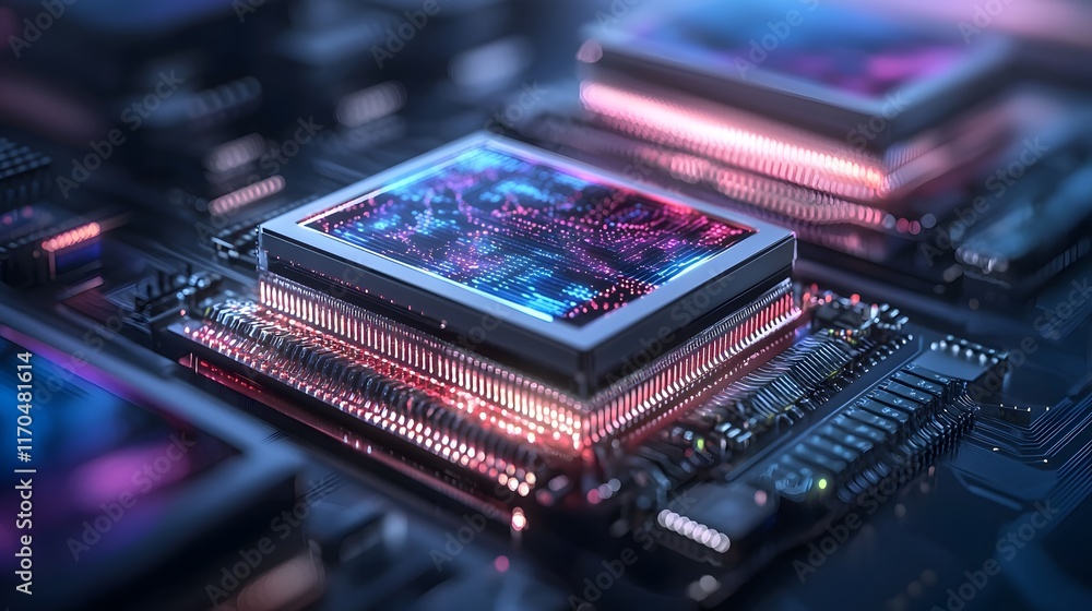 Poster Quantum computing servers processing massive datasets with glowing holographic graphs and predictive analytics leaving copy space on the bottom for text or branding