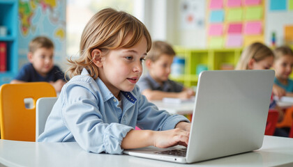 Focused child learning online in vibrant classroom, Safer Internet Day
