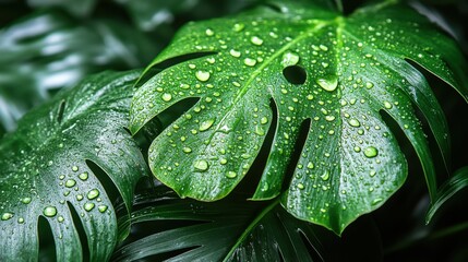 Fototapeta premium Close-up of green leaves with water droplets, showcasing nature's beauty.