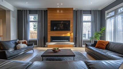 Modern living room interior design featuring fireplace and tv