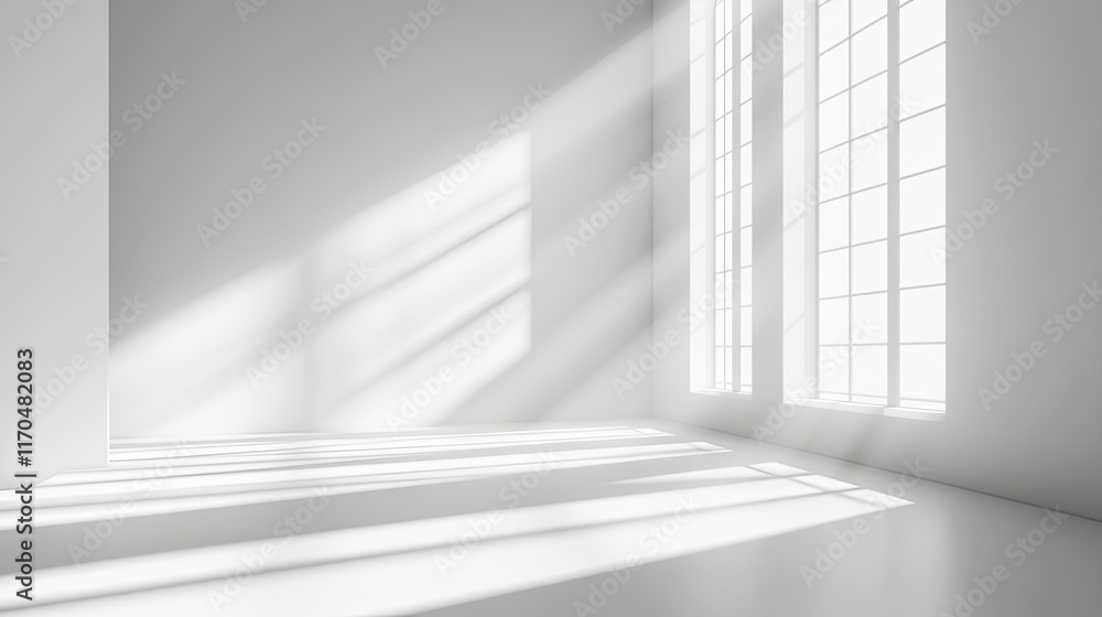 Poster bright and minimalist indoor space with sunlight streaming through large windows, evoking calmness a