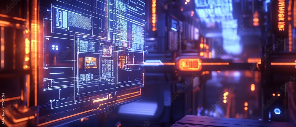 Poster technician installing futuristic device with glowing digital blueprints and holographic indicators