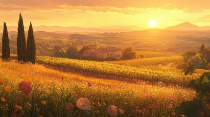 Romantic escape to Tuscany at sunset with golden vineyards and blooming flowers