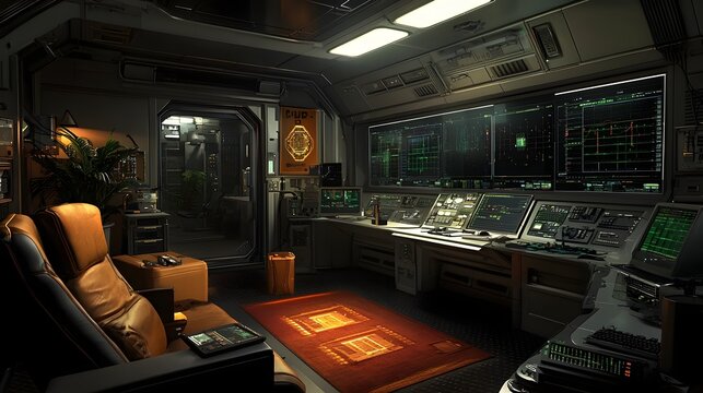 A state of the art quantum computing control room featuring dynamic data analysis projections on transparent screens leaving ample copy space for text overlay