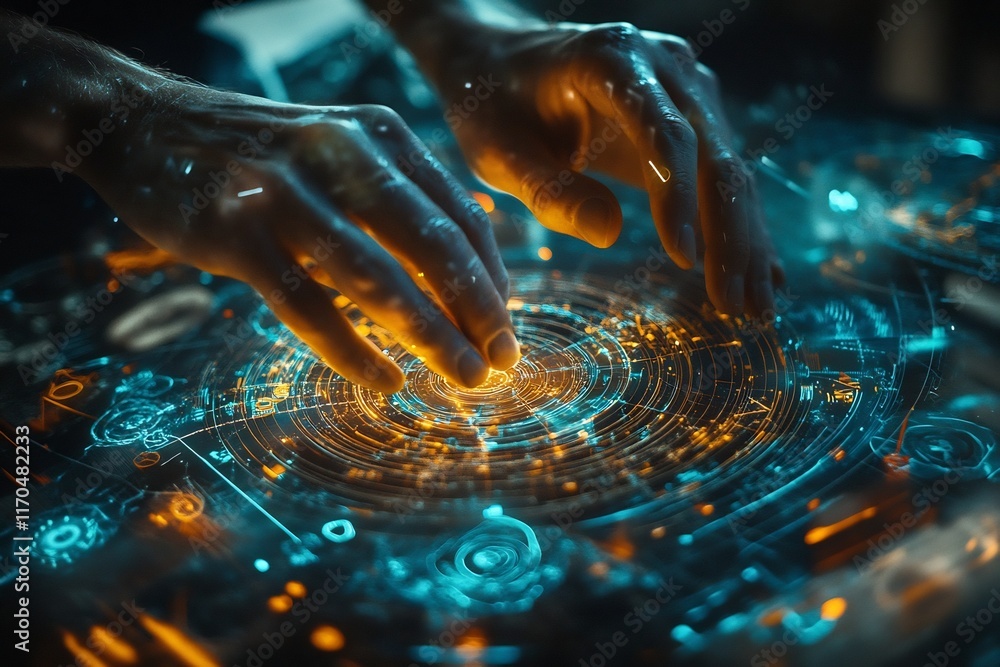 Poster hands assembling intricate machinery surrounded by futuristic digital interfaces