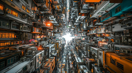 Futuristic urban scene with surreal architecture converging into a glowing white center, evoking a sci-fi atmosphere