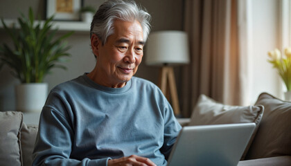 Obraz premium Elderly Asian man exploring technology at home, empowerment through learning
