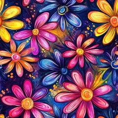 Colorful floral doodles in vibrant watercolor on dark background showcasing artistic creativity