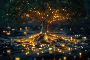 Glowing Digital Tree with Circuit Branches on Futuristic Electronic Background