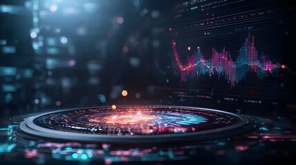 Quantum powered analytics tools visualizing complex data patterns and emerging industry trends with glowing charts vibrant graphs and copy space for text overlay