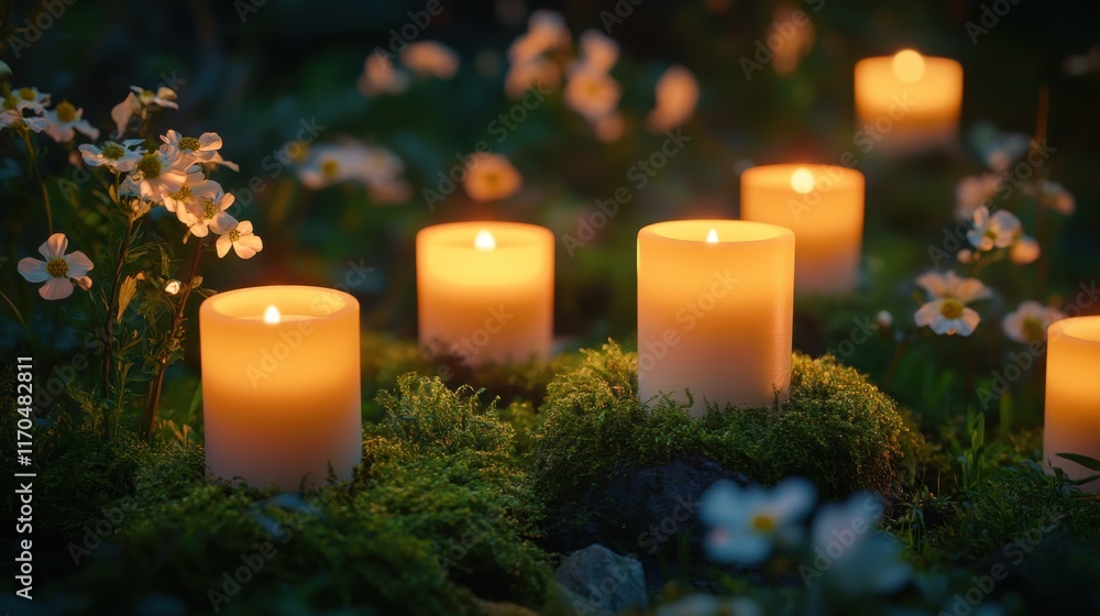 Poster softly glowing candles nestled in moss with delicate flowers create a tranquil ambiance in a serene 