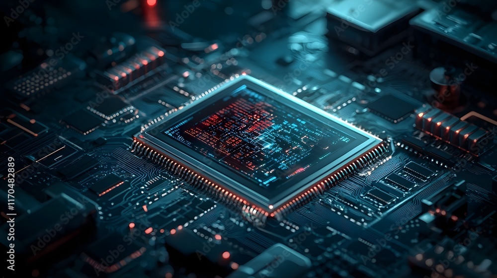Poster Futuristic quantum computing laboratory with a central holographic display showcasing complex data models and analytics
