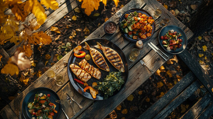 Cozy Picnic Blanket on Moss Surrounded by Towering Trees, with a Basket of Fresh Berries, Cheese, and Bread in a Tranquil Forest Setting