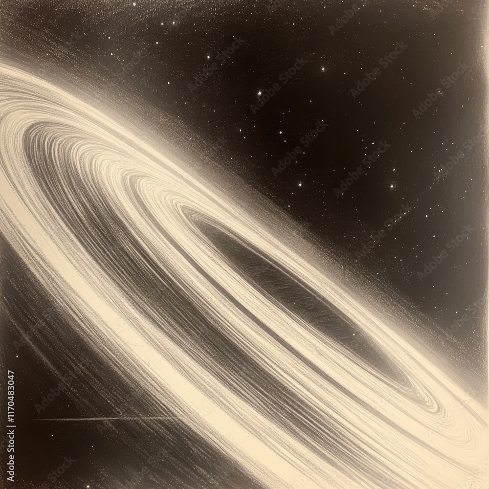Poster intricate pencil rendering of a celestial planetary ring system amidst a starry backdrop