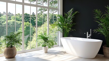 Modern bathroom with freestanding bathtub, large window, and lush green plants.