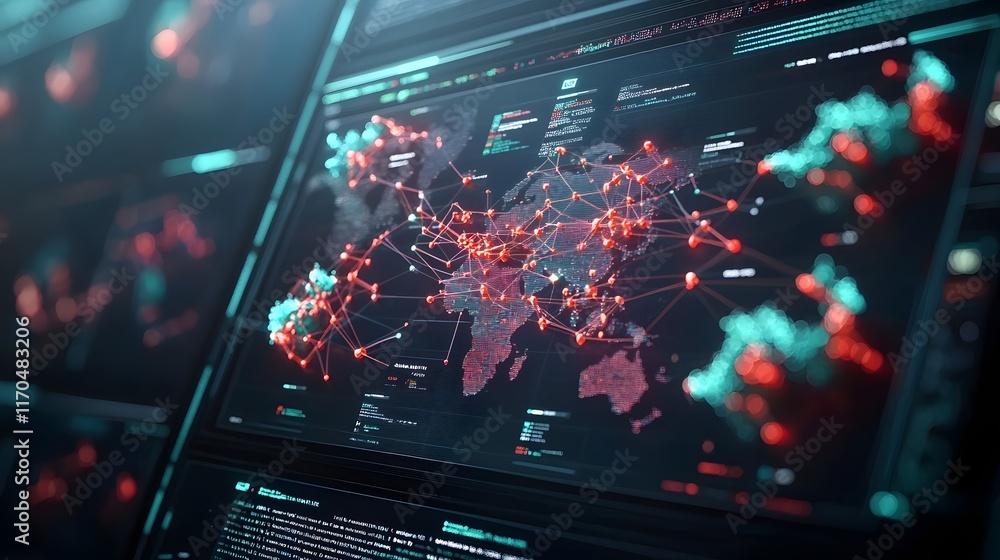 Poster Quantum powered data analysis tools showcasing interconnected datasets with captivating visual effects leaving ample copy space on the right for text overlay