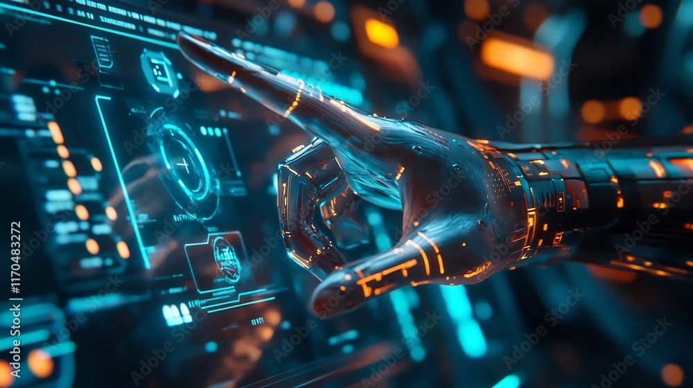 Aufkleber futuristic holographic hand pointing towards viewer with glowing motion and connection