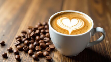 Fototapeta premium Aromatic Coffee Drink with Heart Design in a Cup Beside Roasted Beans