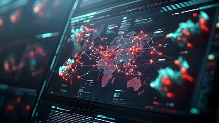 Quantum powered data analysis tools showcasing interconnected datasets with captivating visual effects leaving ample copy space on the right for text overlay