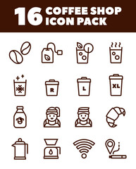 A set of 16 line icons featuring coffee shop essentials, including baristas, cups, drinks, snacks, and symbols like Wi-Fi and smoking area. Perfect for branding, menus, and promotional materials.