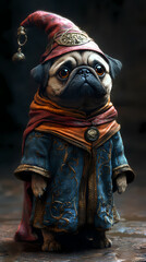 Pug dressed as a wizard in elaborate costume with a magical vibe