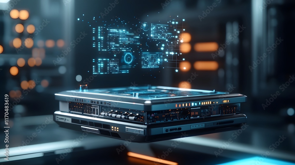 Poster innovative quantum computing terminal showcasing holographic displays of advanced big data analytics