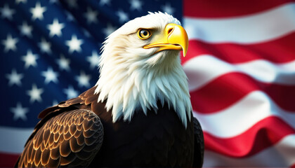 american bald eagle sitting on the american flag background, symbolizing freedom, strength, and national pride