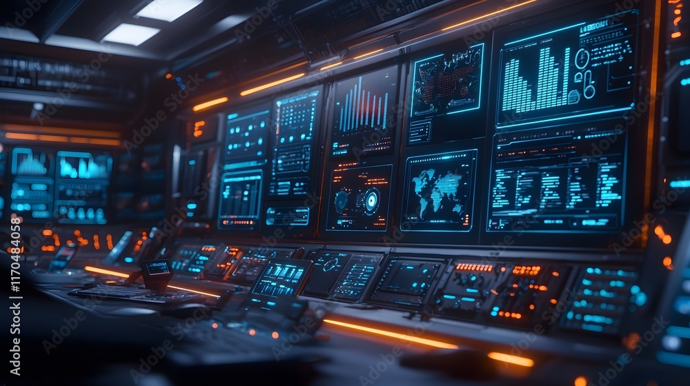 Aufkleber futuristic quantum data center displaying real time analytics and trend predictions in glowing holog