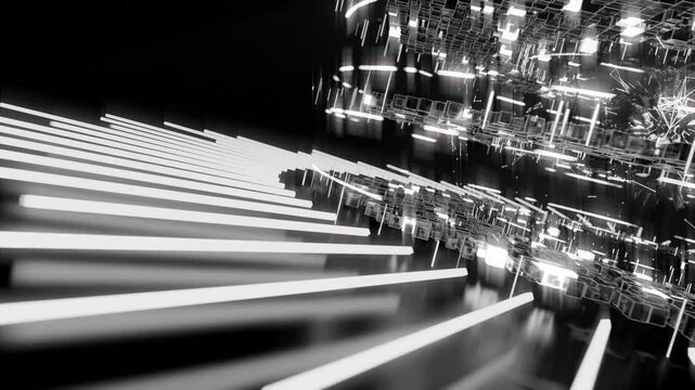 A geometric luminous sphere surrounded by platforms and lights in an abstract technological environment. Video loop seamless synchronized at 120 bmp