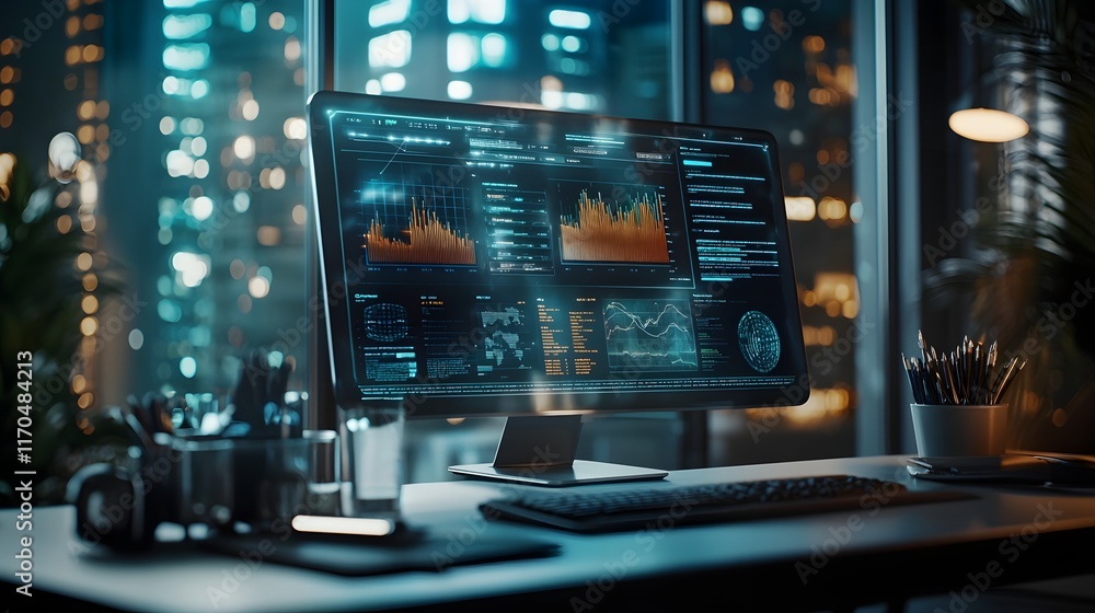 Poster futuristic quantum computing report displayed on a transparent holographic screen showcasing detaile