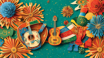 Viva Mexico paper cut banner for Mexican Independence Day holiday, vector background. Mexican sombrero with mustaches, mariachi guitar and maracas with fireworks and Mexico flag for Independence Day