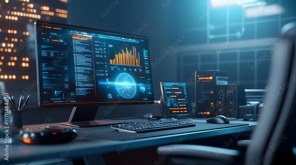 Poster futuristic desk showcasing a quantum computer creating a holographic financial report with glowing a