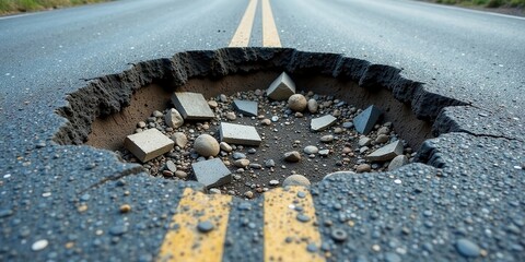 A Large Pothole on a Two-Lane Asphalt Road Filled with Gravel and Broken Pavement Pieces