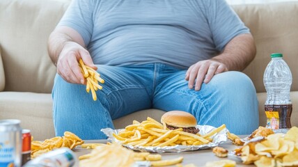 A fat person sitting surrounded by fast food and snacks on a couch.
