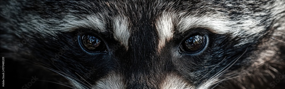 Poster close-up view capturing the detailed features of a raccoon's face in natural habitat during daylight